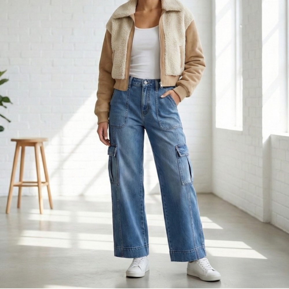 Wide Leg Cargo Jeans | Blue